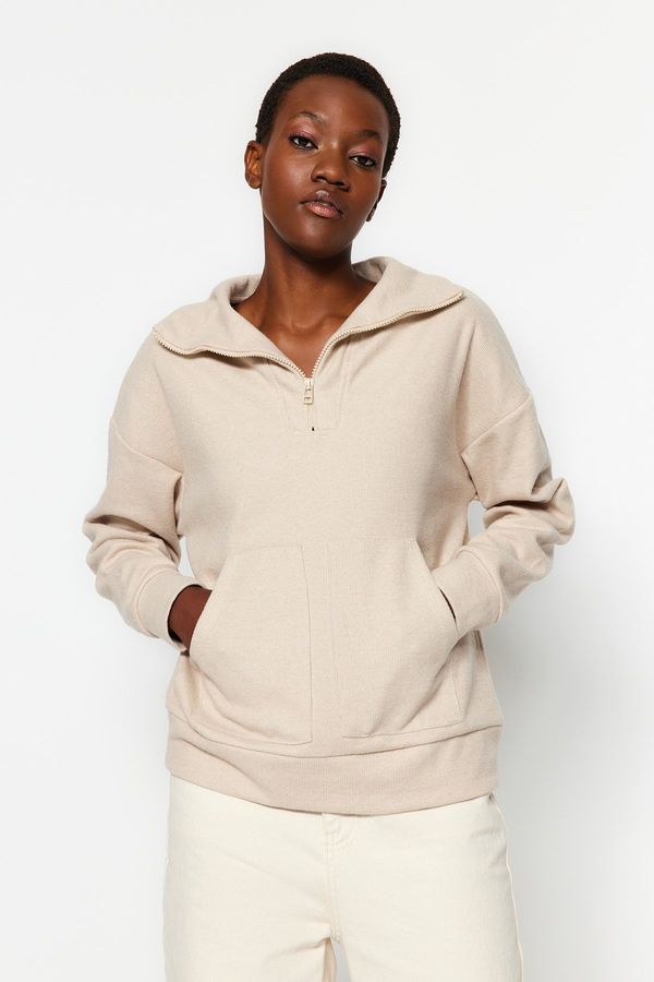 Trendyol Trendyol Beige Thessaloniki/Knitwear Look Zippered Relaxed/Comfortable Fit Knitted Sweatshirt