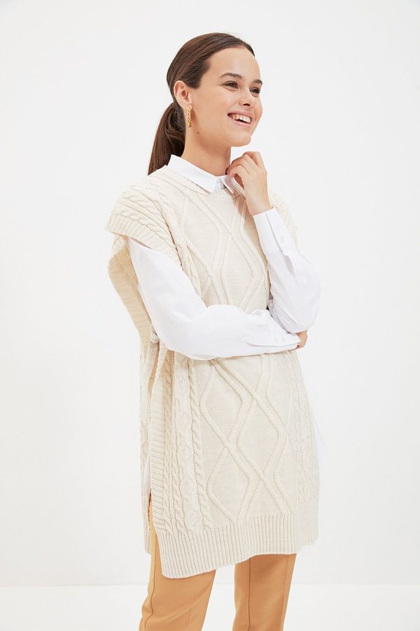 Trendyol Trendyol Beige Tie Waist Braided Knitwear Sweater