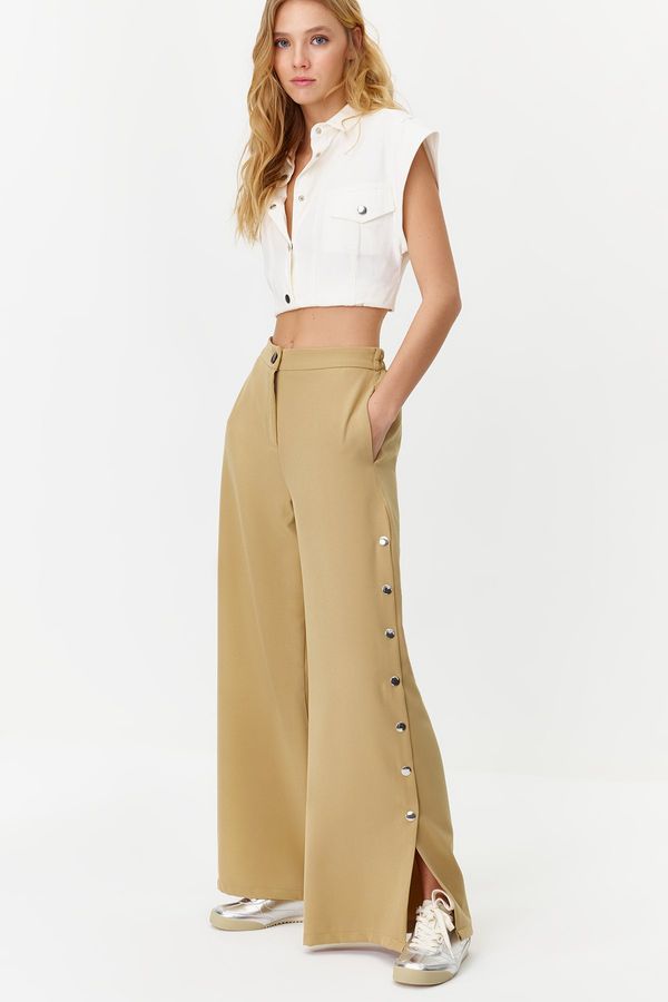 Trendyol Trendyol Beige Wide Leg Woven Trousers with Side Buttons