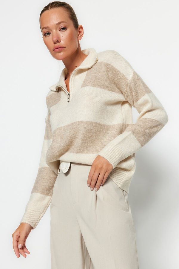 Trendyol Trendyol Beige Wide Pattern Soft Texture Zippered Knitwear Sweater