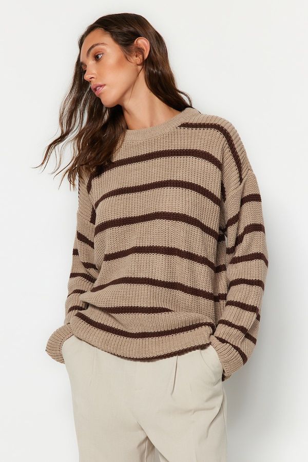 Trendyol Trendyol Beige Wide Pattern Striped Knitwear Sweater