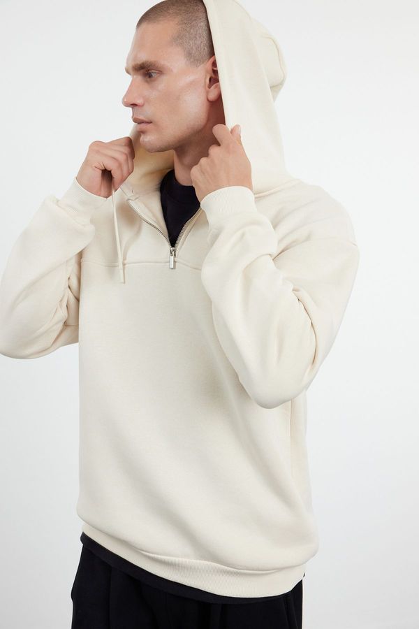 Trendyol Trendyol Beige Zipper and Stitch Detail Oversize/Wide Pattern Fleece/Warm Sweatshirt