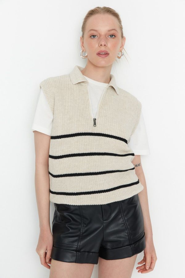 Trendyol Trendyol Beige Zipper Striped Knitwear Sweater