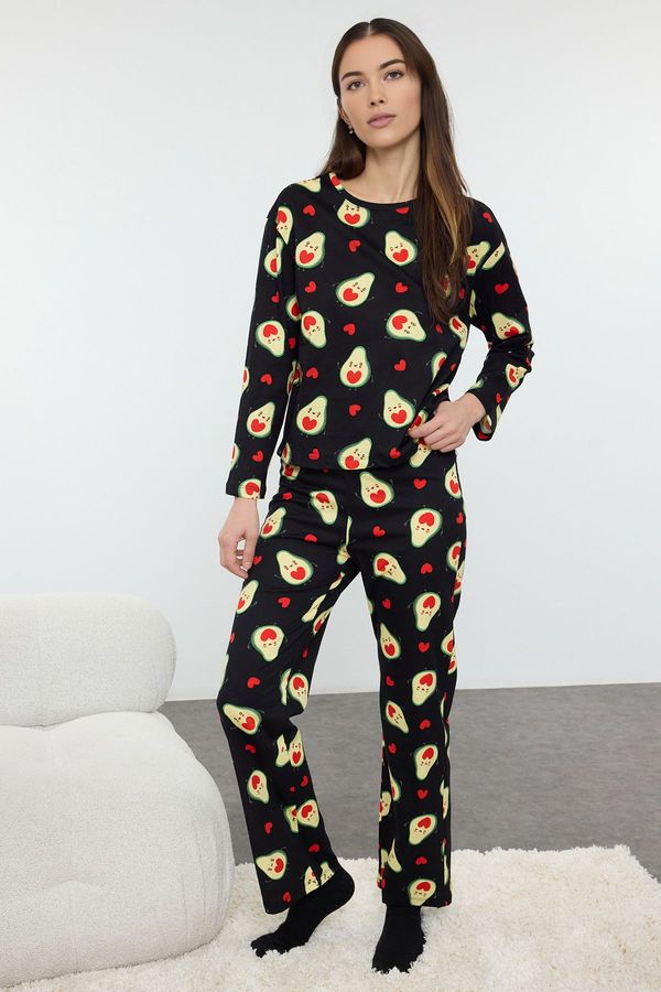 Trendyol Trendyol Black 100% Cotton Avocado and Heart Knitted Pajama Set