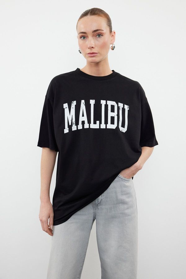 Trendyol Trendyol Black 100% Cotton City Slogan Printed Oversize/Relaxed Cut Knitted T-Shirt