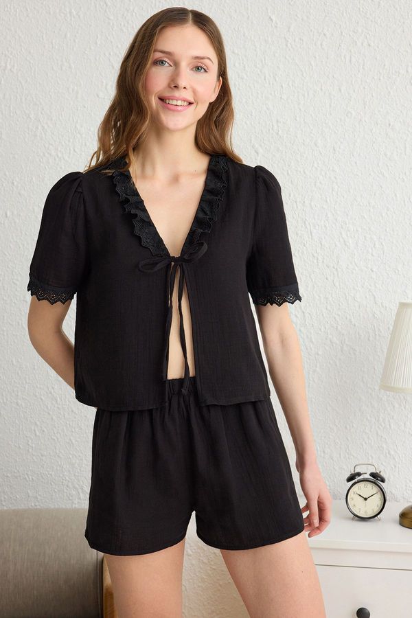Trendyol Trendyol Black 100% Cotton Embroidered Tie Detail Muslin Woven Pajama Set