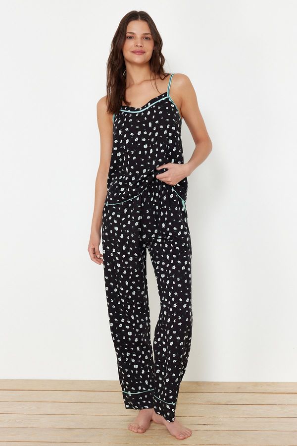 Trendyol Trendyol Black 100% Cotton Floral Rope Strap Woven Pajama Set