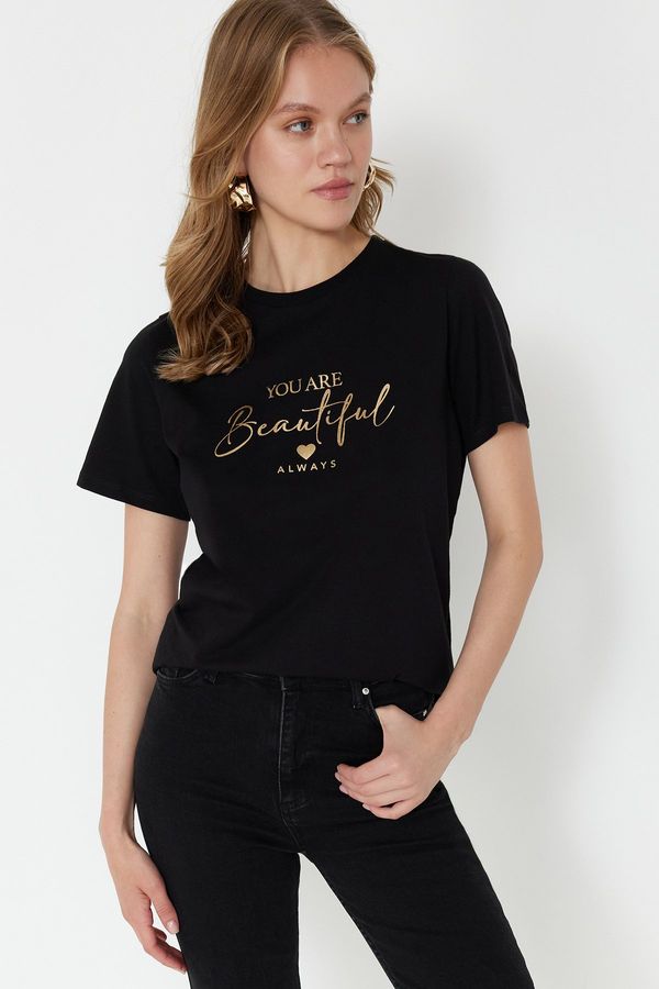 Trendyol Trendyol Black 100% Cotton Foil/Glossy Slogan Printed Regular/Normal Pattern Knitted T-Shirt