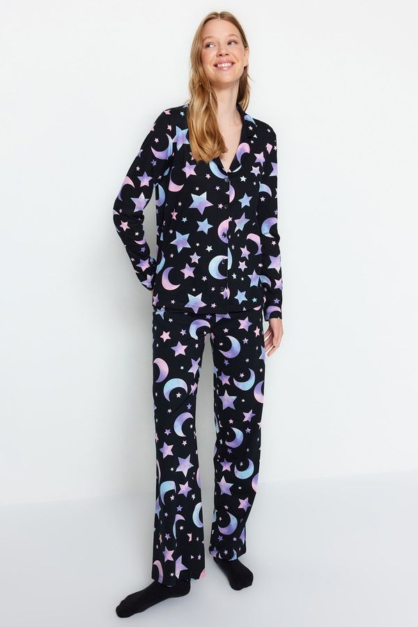 Trendyol Trendyol Black 100% Cotton Galaxy Patterned Shirt-Pants Pajamas Set