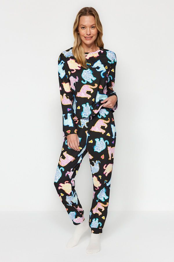 Trendyol Trendyol Black 100% Cotton Leopard Print Tshirt-Jogger Knitted Pajamas Set