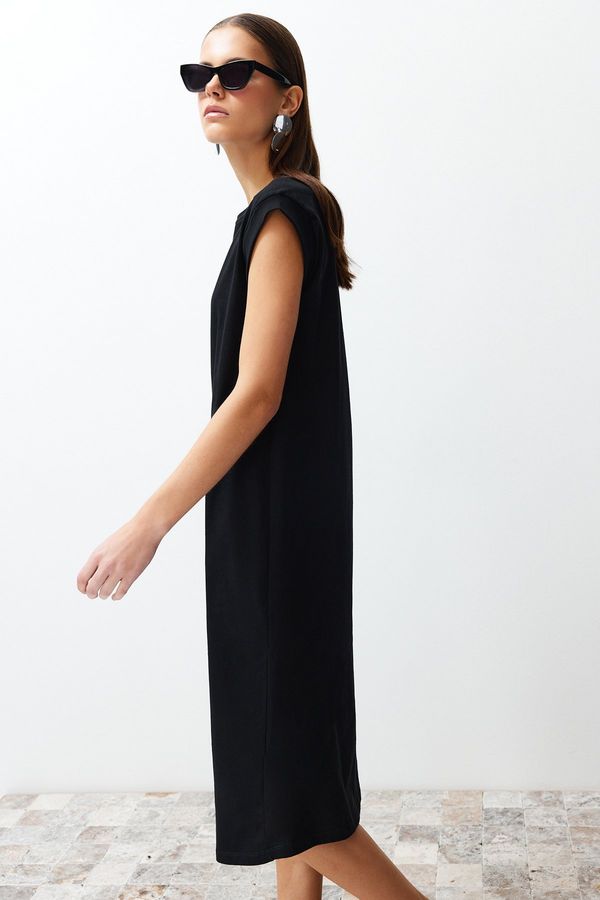 Trendyol Trendyol Black 100% Cotton Moon Sleeve Shift/Comfortable Cut Midi Knitted Midi Dress