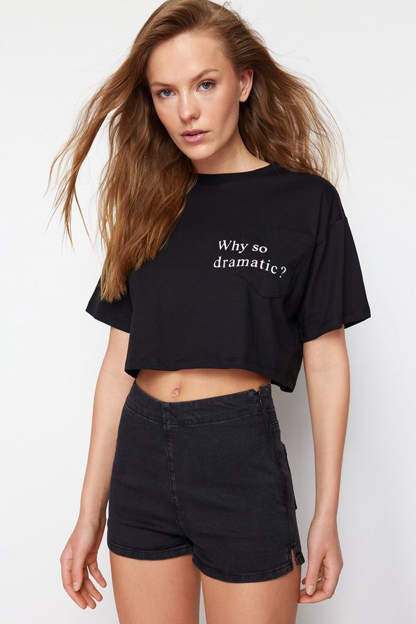 Trendyol Trendyol Black 100% Cotton Motto Printed Pocket Relaxed Crop Knitted T-Shirt