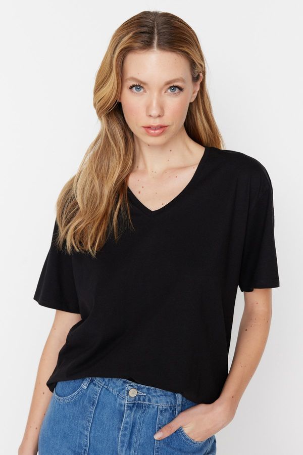 Trendyol Trendyol Black 100% Cotton Oversize V Neck Knitted T-Shirt
