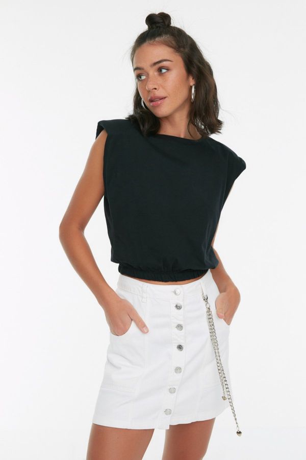 Trendyol Trendyol Black 100% Cotton Padded Crop Crew Neck Knitted T-Shirt