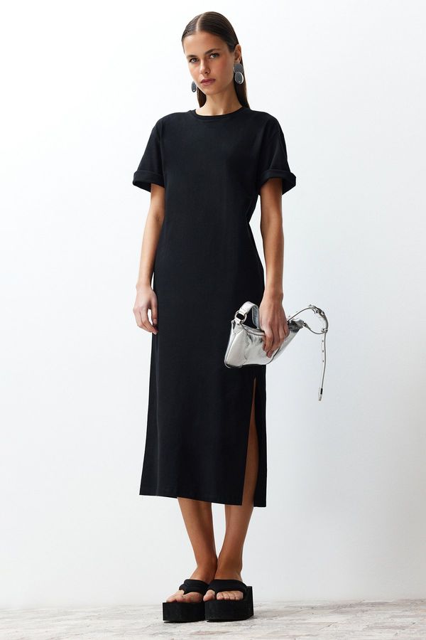 Trendyol Trendyol Black 100% Cotton Slit Detailed Shift/Comfortable Cut Midi Knitted Midi Dress