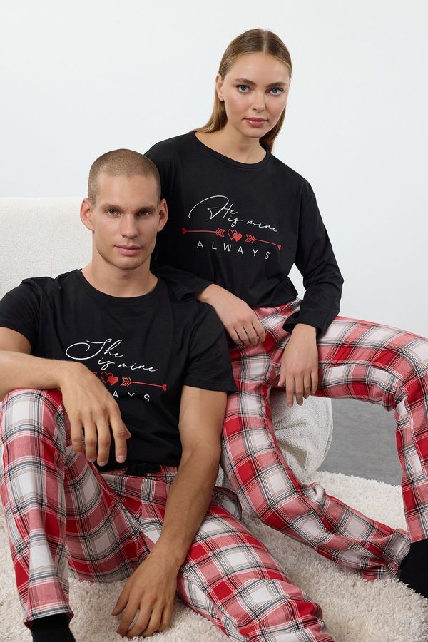 Trendyol Trendyol Black 100% Cotton Slogan and Heart Printed Plaid Knitted Pajama Set