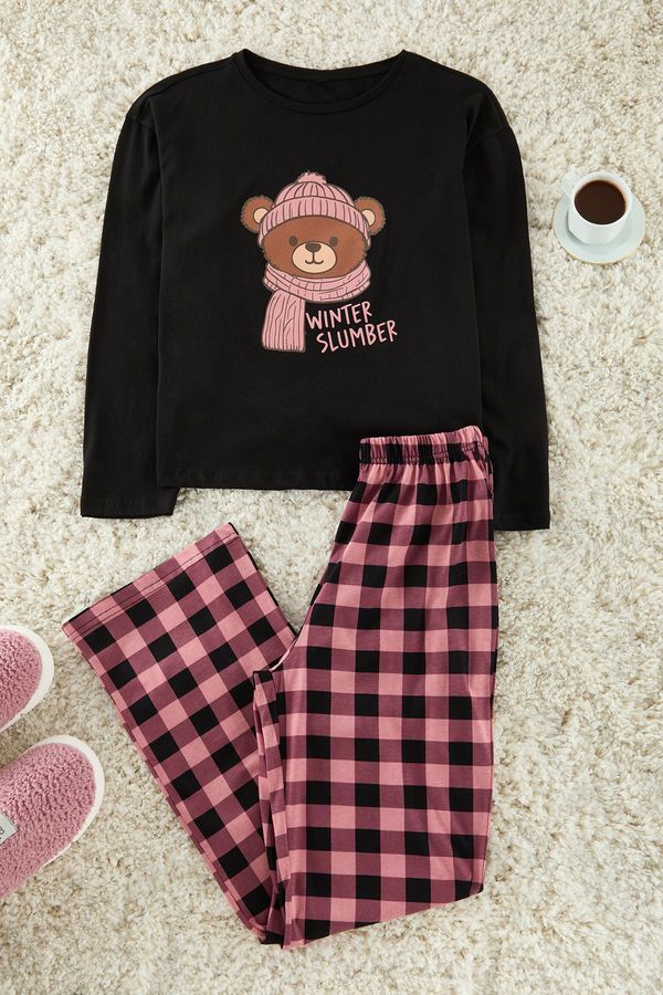 Trendyol Trendyol Black 100% Cotton Teddy Bear Printed Plaid Knitted Pajama Set