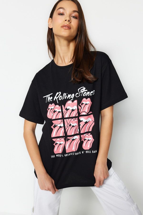 Trendyol Trendyol Black 100% Cotton The Rolling Stones Licensed Boyfriend/Wide Fit Knitted T-Shirt