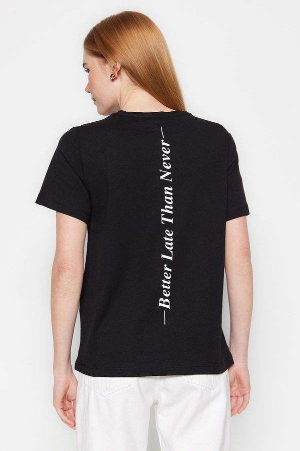Trendyol Trendyol Black 100% Cotton With Slogan Print On The Back Basic Crew Neck Knitted T-Shirt