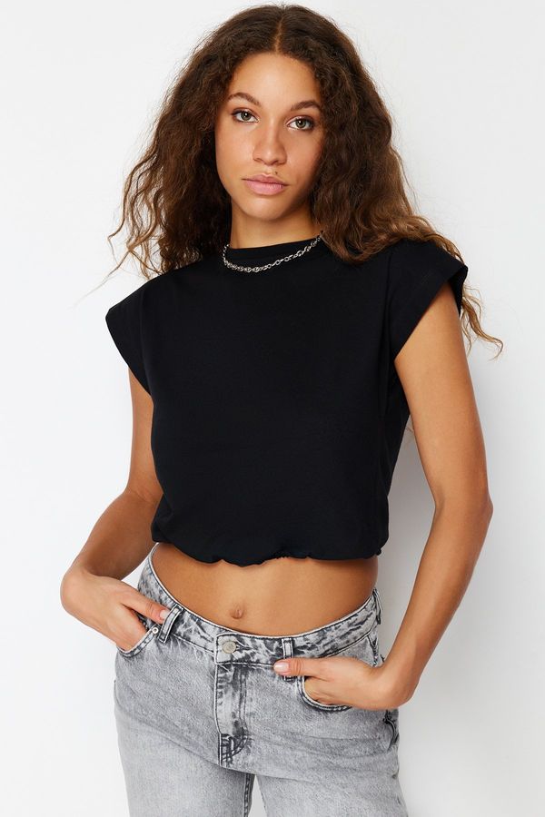 Trendyol Trendyol Black 100% Cotton With Stopper Moon Sleeve Regular/Normal Fit Crop Knitted T-Shirt