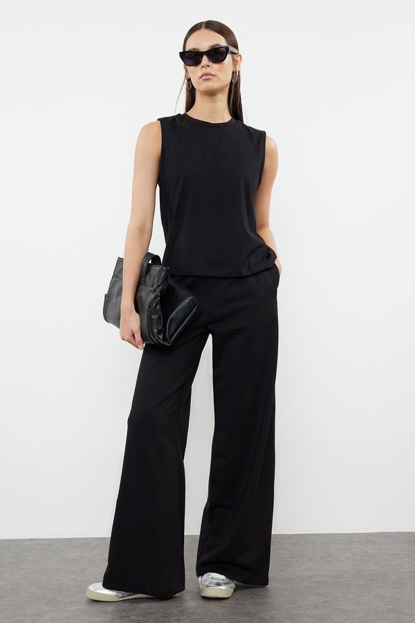 Trendyol Trendyol Black 100% Cotton Zero Sleeve Wide Leg Knitted Blouse/Pants Top-Bottom Set