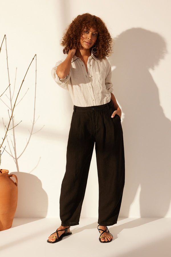 Trendyol Trendyol Black 100% Linen High Waist Barrel Trousers