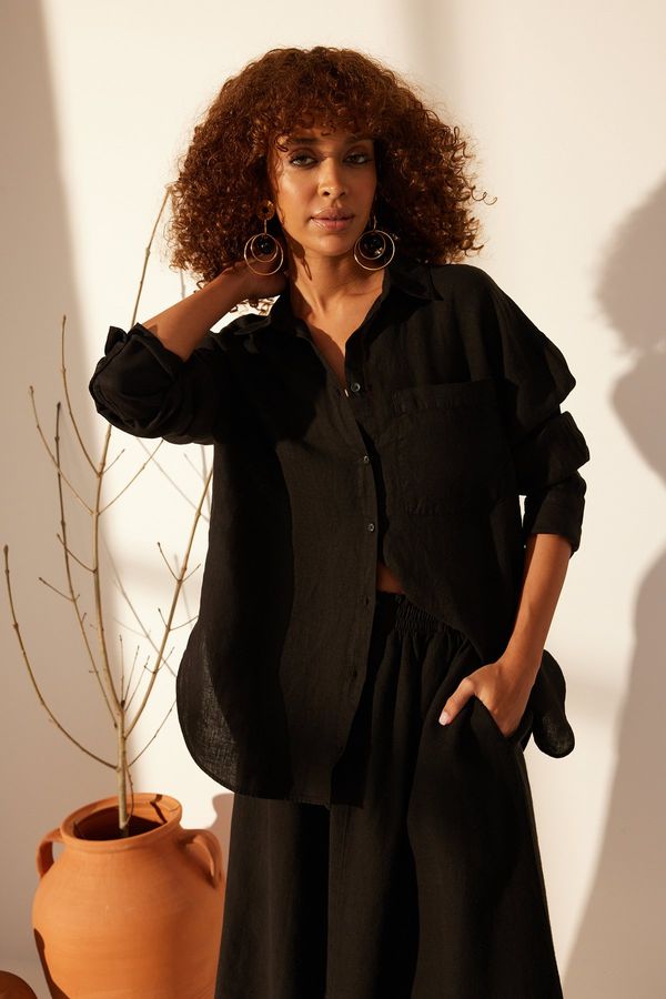 Trendyol Trendyol Black 100% Linen Oversize Shirt