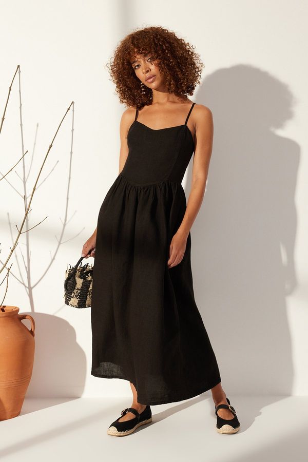 Trendyol Trendyol Black 100% Linen Strappy Maxi Dress