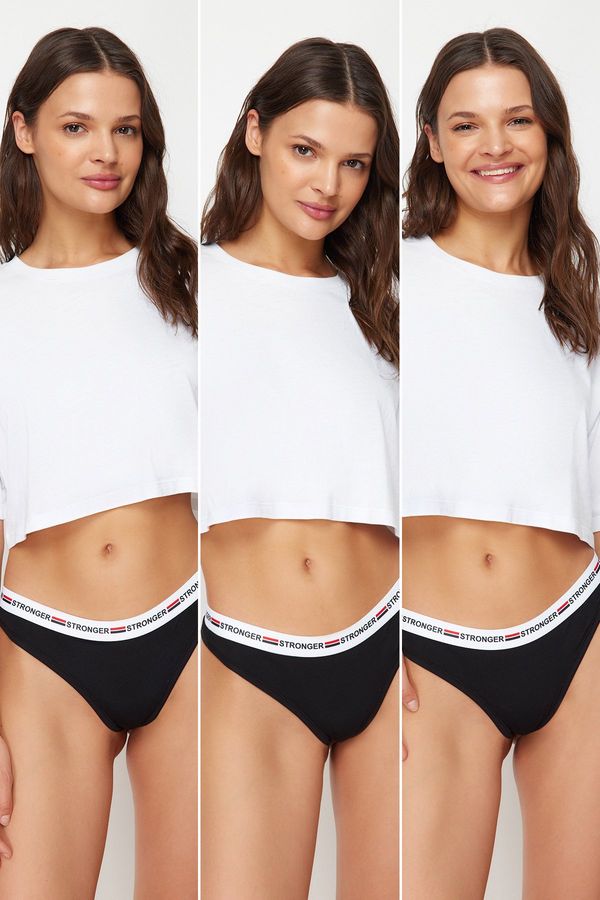 Trendyol Trendyol Black 3-Pack Cotton Slogan Elastic Detailed Thong Knitted Panties