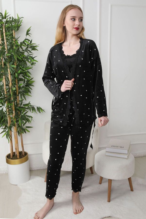 Trendyol Trendyol Black 3-Piece Belted Heart Lace Detailed Velvet Knitted Pajama Set