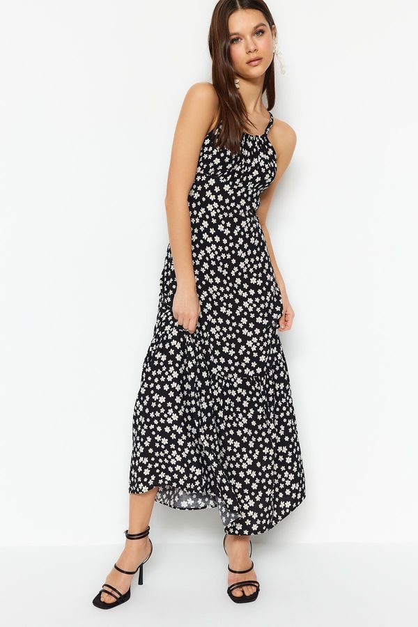 Trendyol Trendyol Black A-Cut Maxi Woven Viscose Strappy Floral Pattern Woven Dress