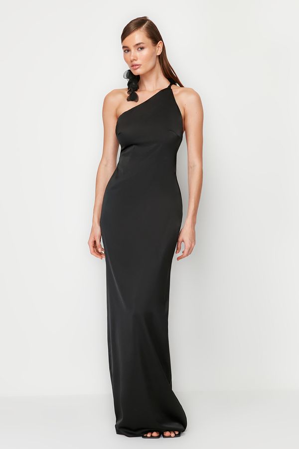 Trendyol Trendyol Black A-Cut Satin Rose Detailed Long Evening Dress