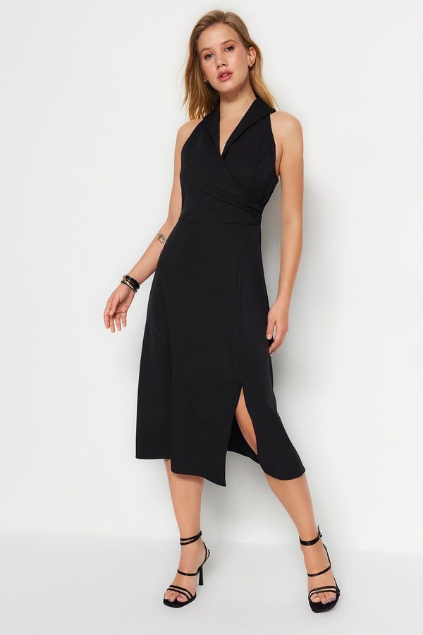 Trendyol Trendyol Black A-Cut Wraped Neck Detailed Slit Midi Woven Dress