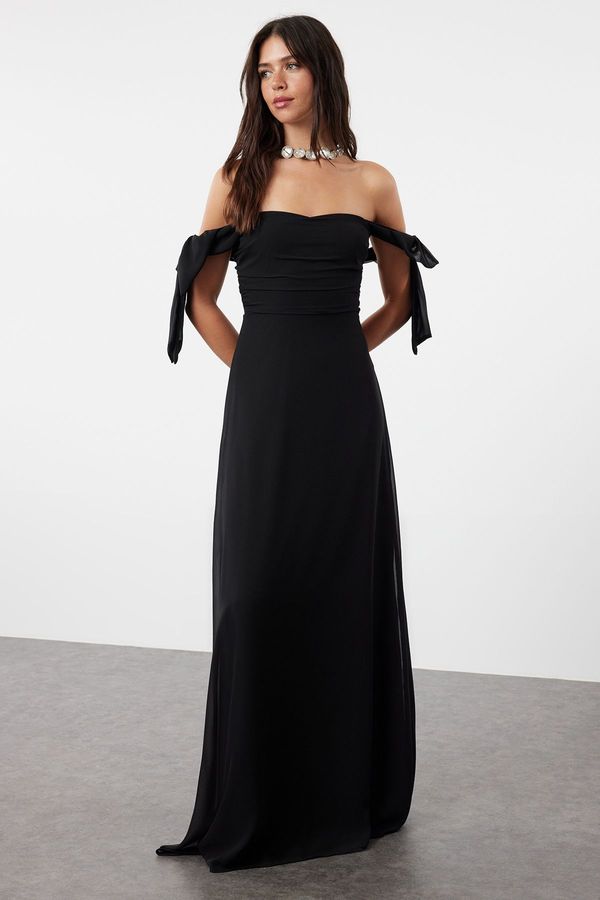 Trendyol Trendyol Black A-Line Carmen Neckline Woven Chiffon Evening Dress & Graduation Dress