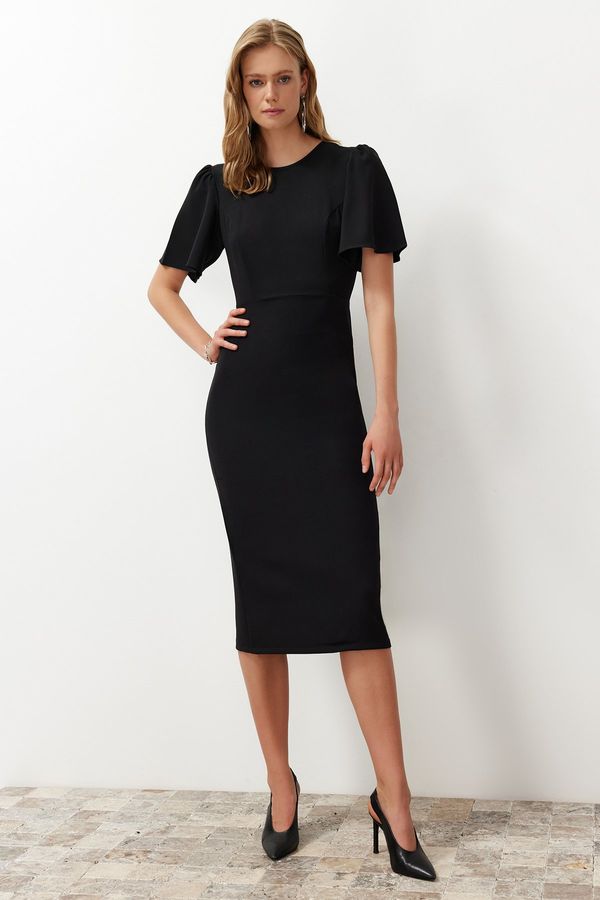 Trendyol Trendyol Black A-Line Midi Pencil Skirt Woven Dress with Pleat Detail on the Sleeve