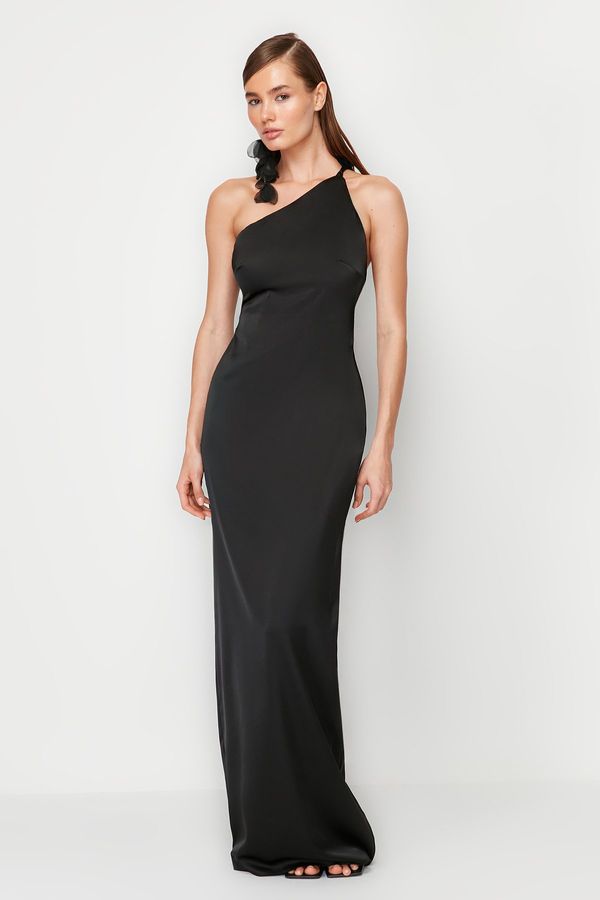 Trendyol Trendyol Black A-Line Rose Detailed Woven Satin Long Elegant Evening Dress