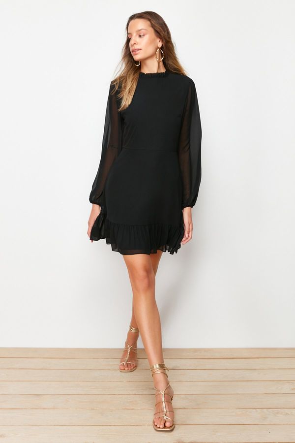 Trendyol Trendyol Black A-line Ruffle Detail Stand Collar Mini Lined Chiffon Woven Dress