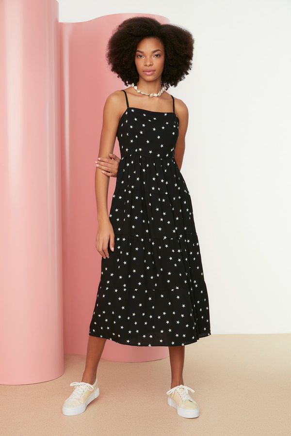 Trendyol Trendyol Black A-line Star Patterned Strappy Midi Woven Dress