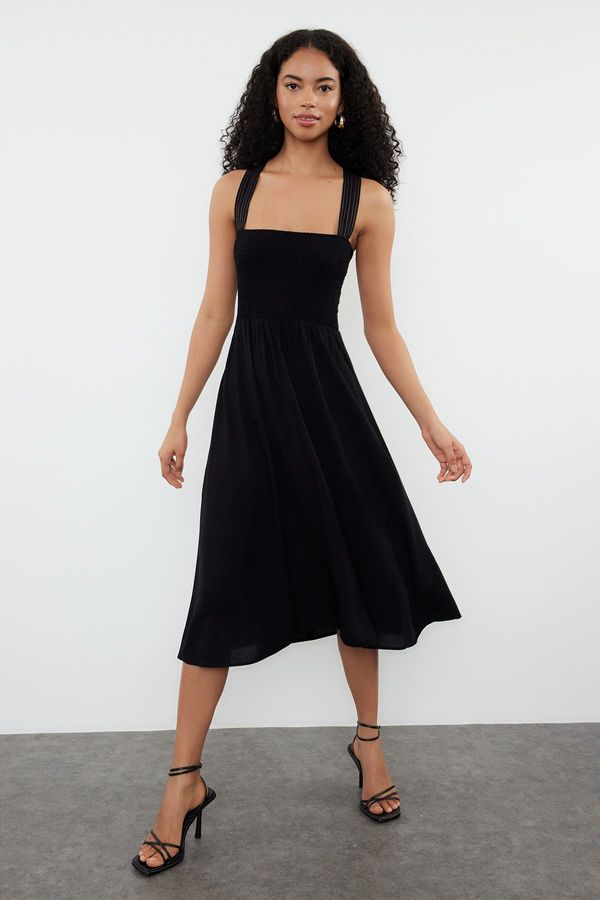 Trendyol Trendyol Black A-line Strap Stitching Detail Vicone Midi Woven Dress