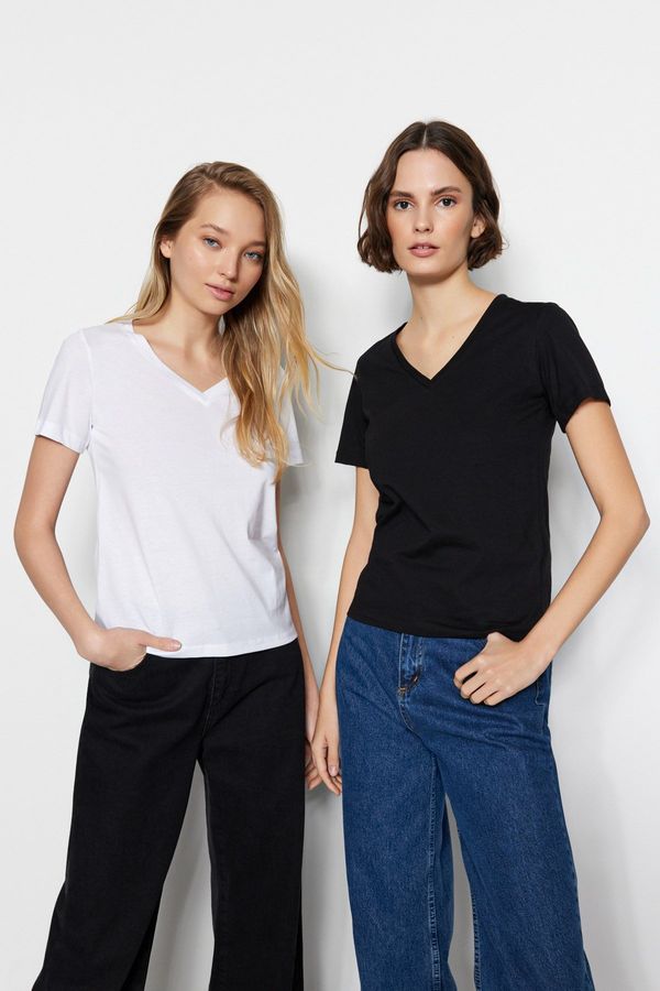 Trendyol Trendyol Black and White 100% Cotton 2-Pack Basic V-Neck Knitted T-Shirt