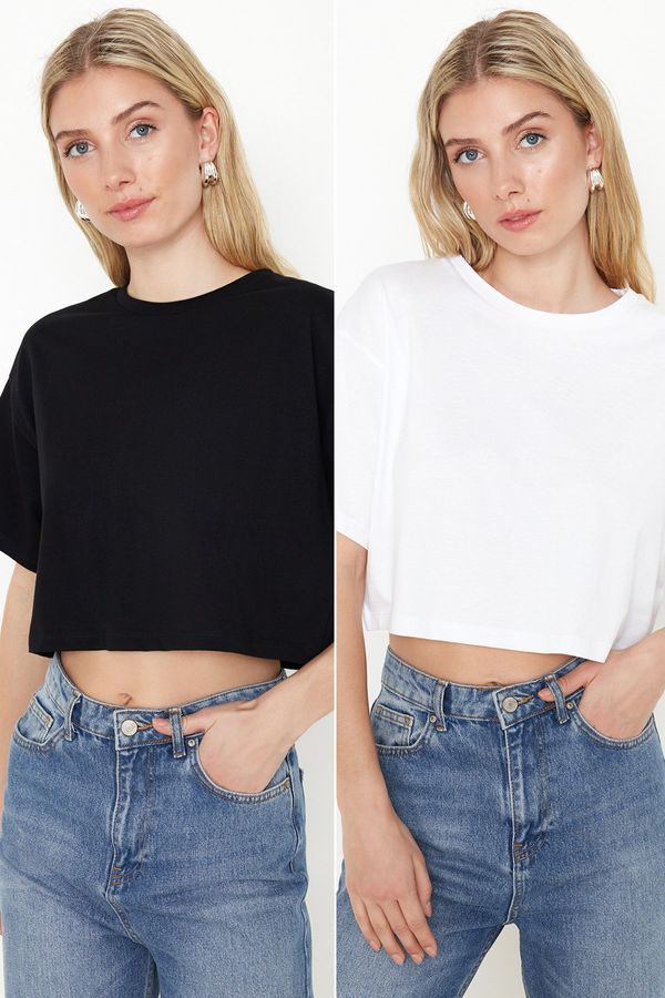 Trendyol Trendyol Black & White 2-Pack 100% Cotton Relax Crop Knitted T-Shirt