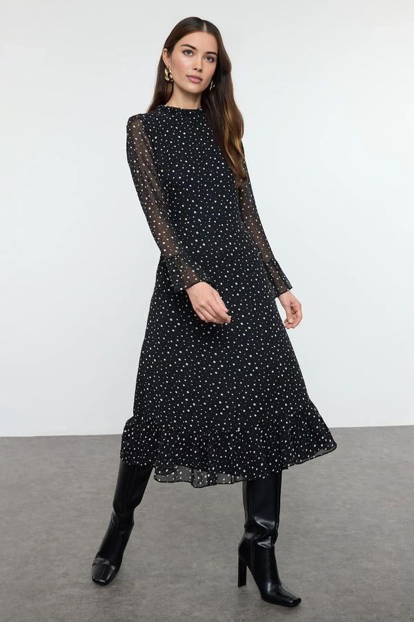 Trendyol Trendyol Black and White Polka Dot Patterned A-Line Midi Lined Chiffon Woven Winter Dress