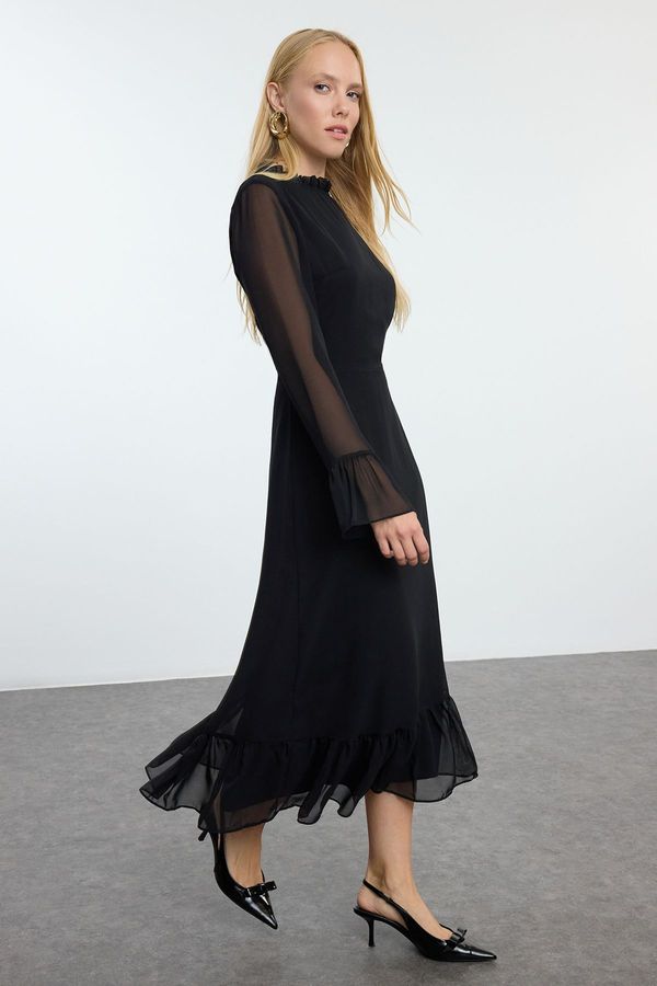 Trendyol Trendyol Black Animal Patterned A-Line Stand Collar Midi Lined Chiffon Woven Dress