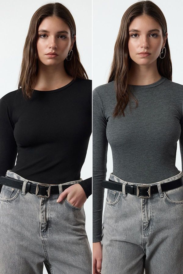 Trendyol Trendyol Black-Anthracite Double Pack Crop/Short Fitted/Fitting Knitted Blouse