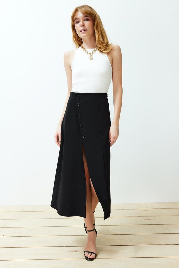 Trendyol Trendyol Black Asymmetric Buttoned Slit Knitted Skirt