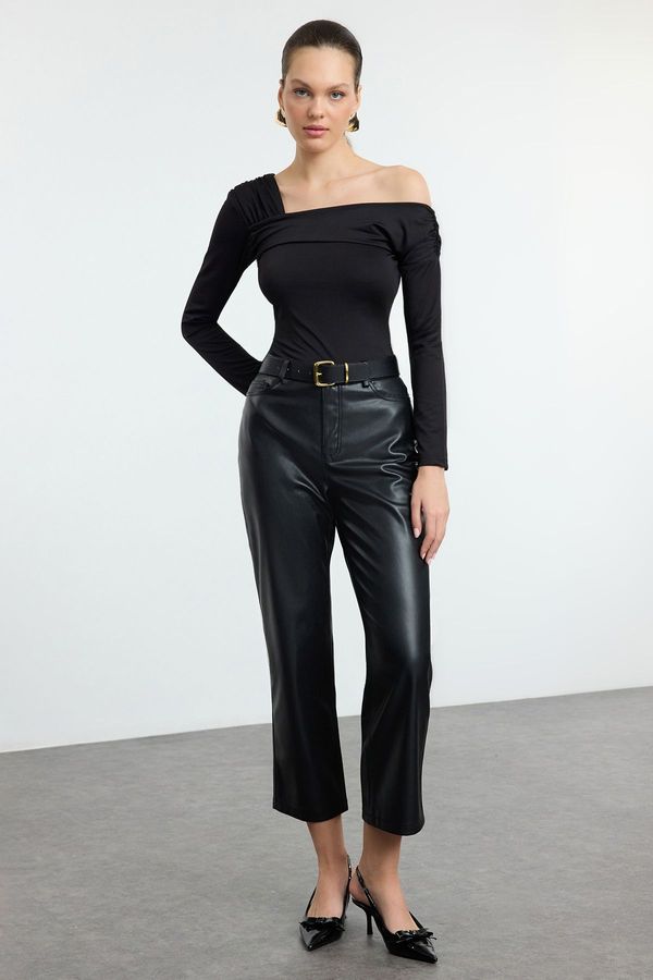 Trendyol Trendyol Black Asymmetric Collar Fitted/Fits the Body Snap Elastic Knitted Bodysuit