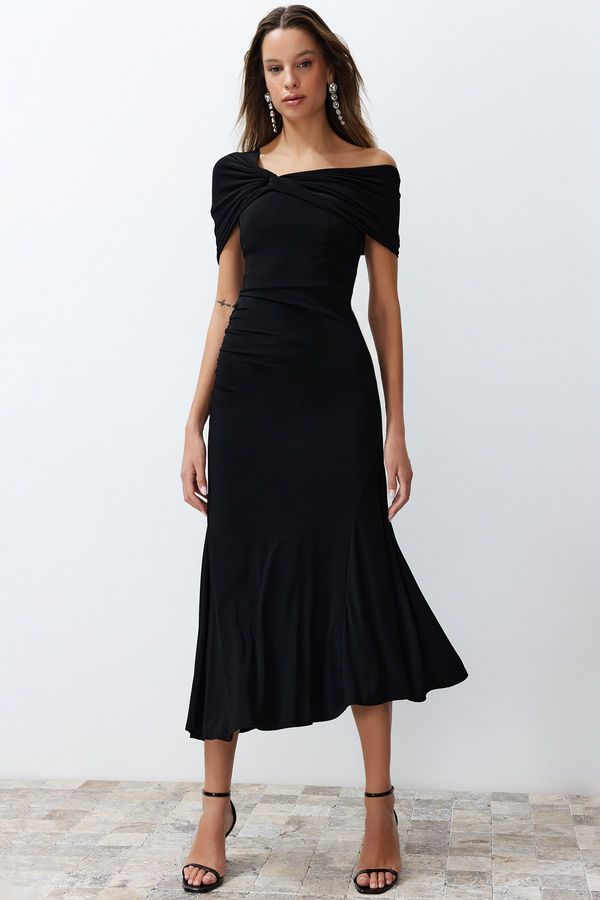 Trendyol Trendyol Black Asymmetric Collar Knitted Elegant Evening Dress