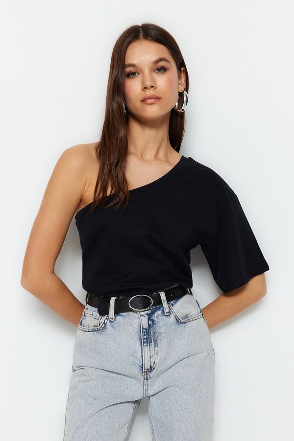 Trendyol Trendyol Black Asymmetrical Collar 100% Cotton Single Sleeve Basic Knitted T-Shirt