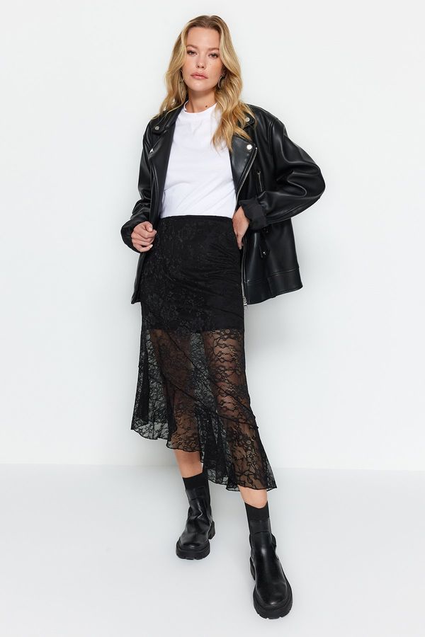 Trendyol Trendyol Black Asymmetrical Midi Lined Knitted Lace Skirt