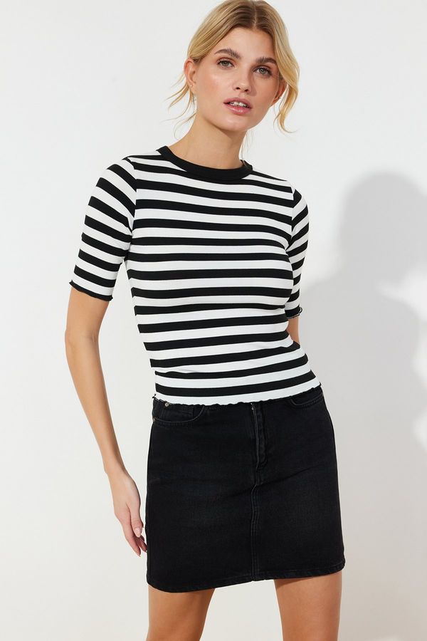 Trendyol Trendyol Black Baby Overlock Detail Striped Fitted Stretch Knitted Blouse